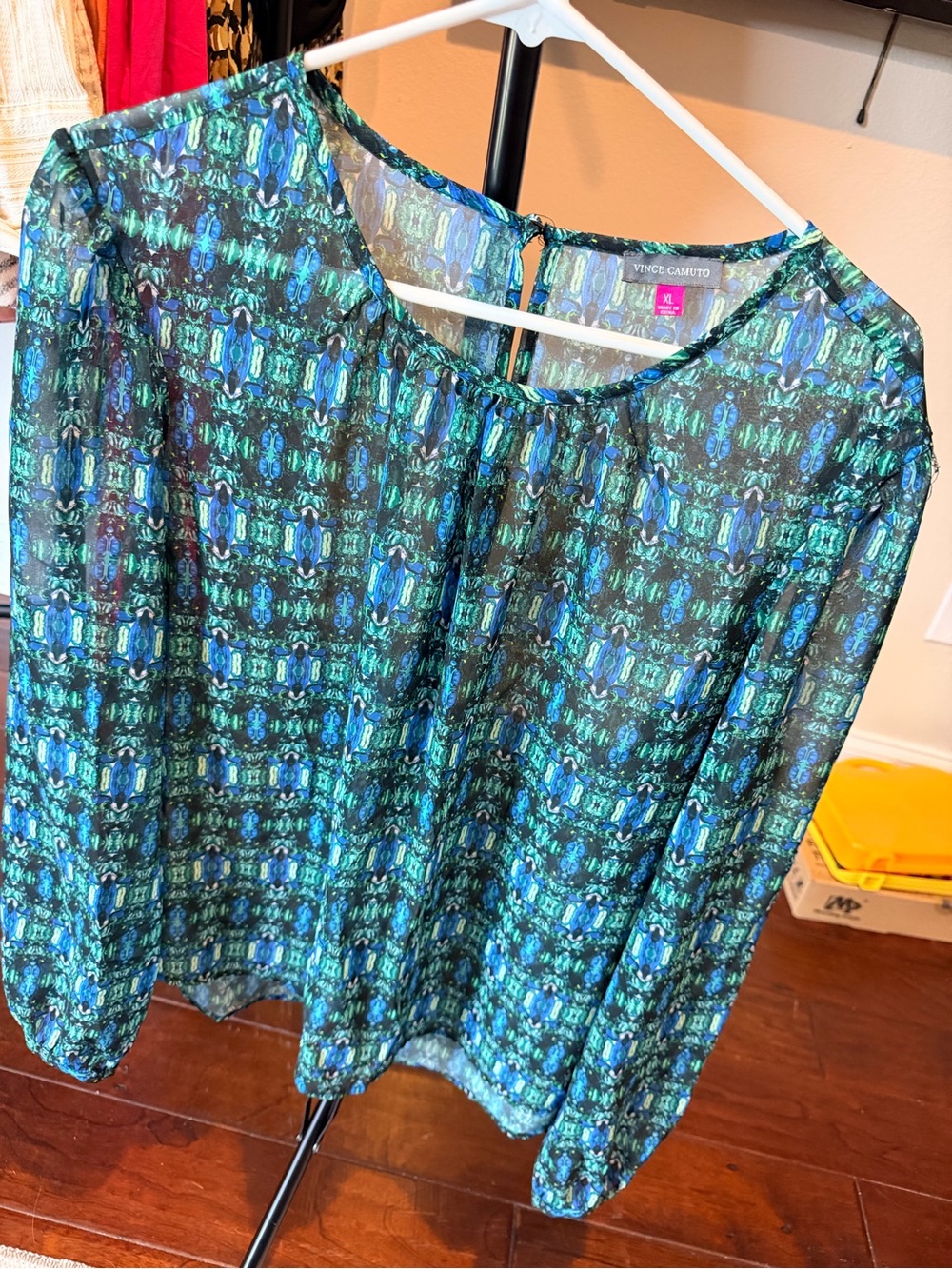Vince Camuto XL Blue Green Abstract Print Sheer Long Sleeve Blouse